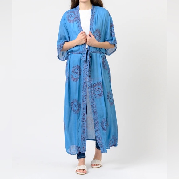 Other - 86. Boho Blue Short Sleeve Om Kimono